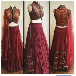 Maroon Georgette Net Semi Stich Lehenga With Brocade Blouse 